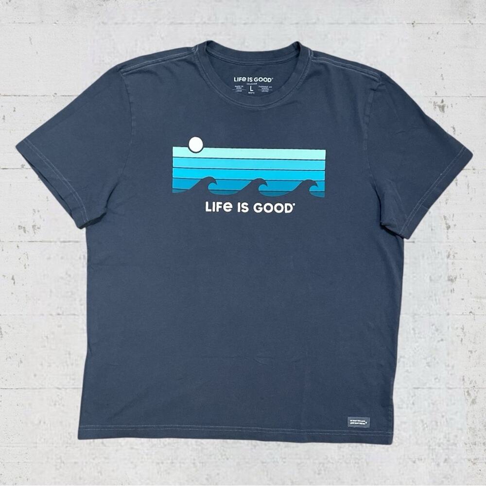 Life Is Good T Shirt Mens L Darkest Blue Cotton Retro Wave Stripe Crusher Tee